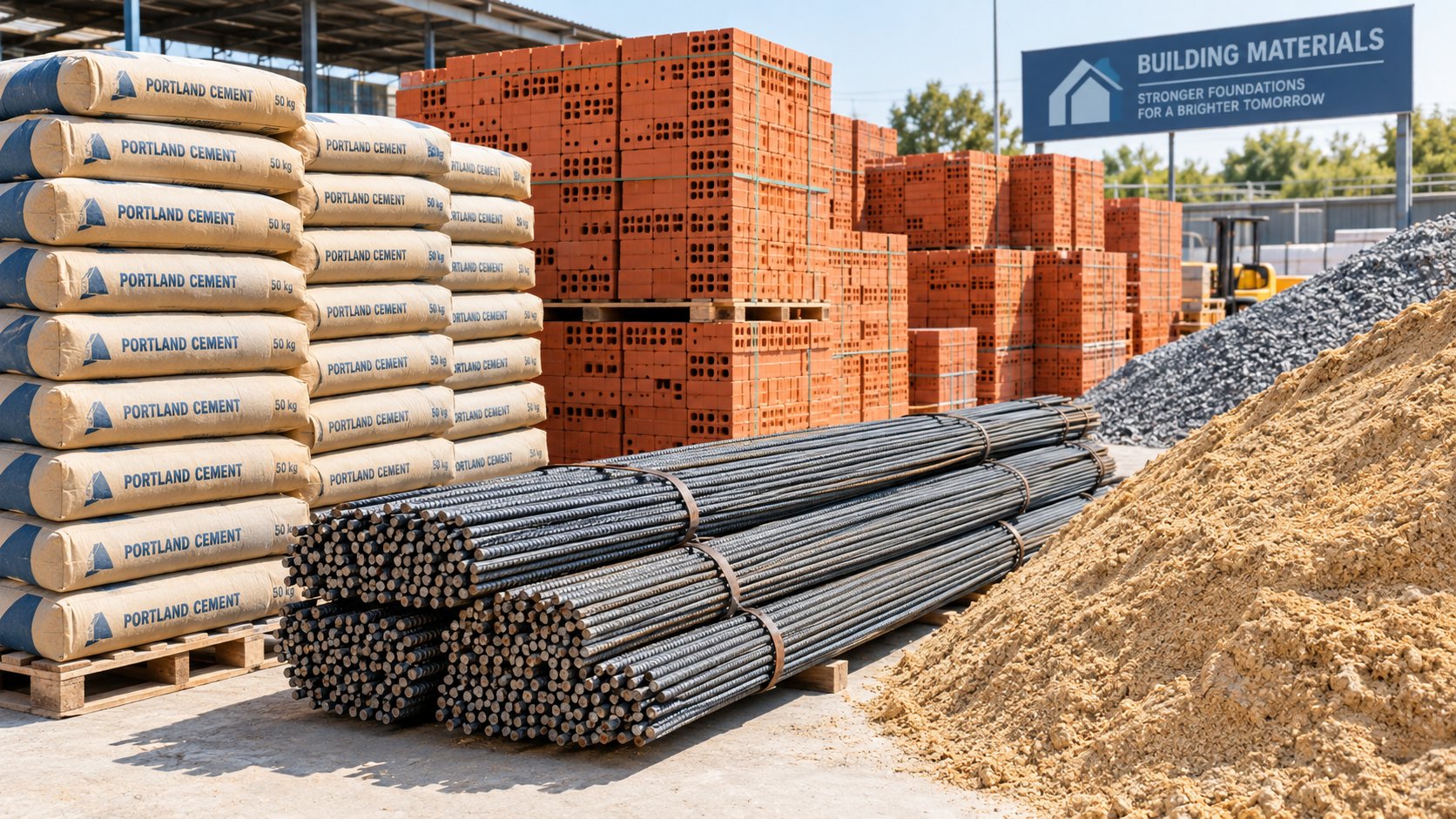 Construction building materials including cement, bricks and steel reinforcement bars